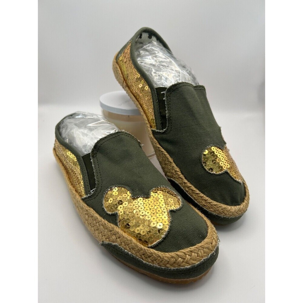 Disney Mickey Mouse Green Canvas Espadrilles Shoes – Gold Sequin – Sz 9.5 – NEW